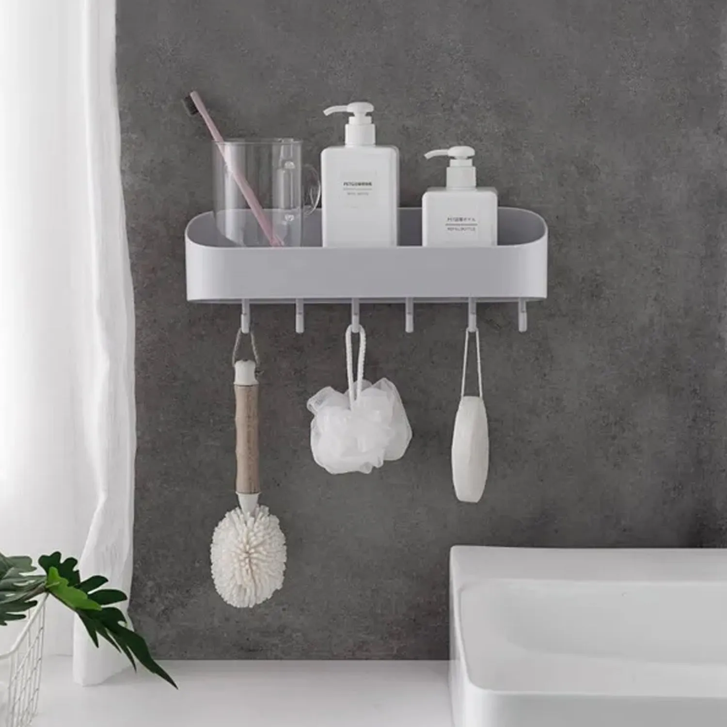 4058 Multipurpose Bathroom Kitchen Shelf Plastic Wall Storage Organizer with 6 Hooks Without Drill self Adhesive and Magic Sticker