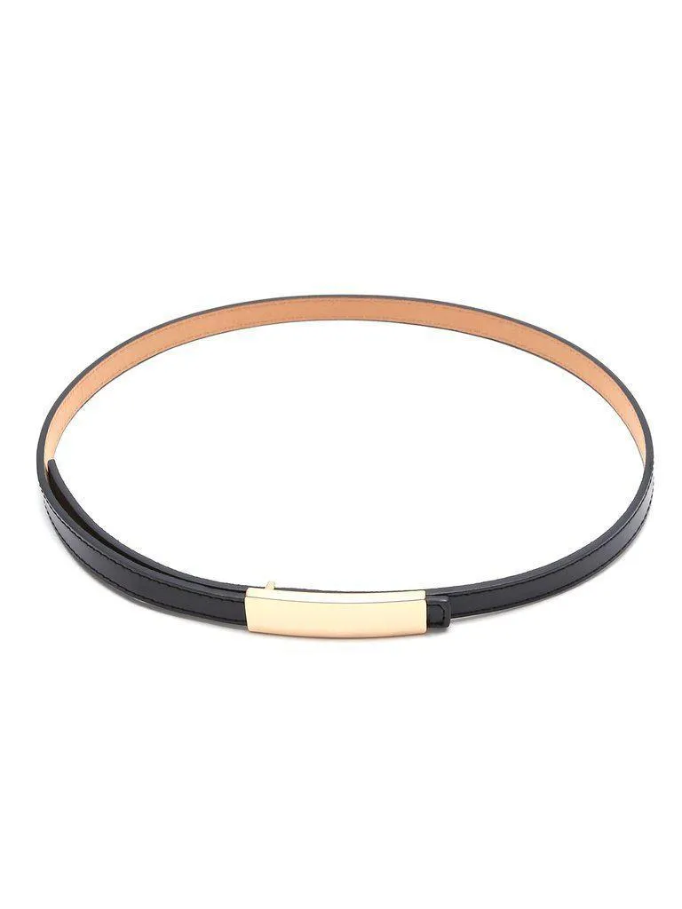 Black Golden Buckle Faux Leather Skinny Belt