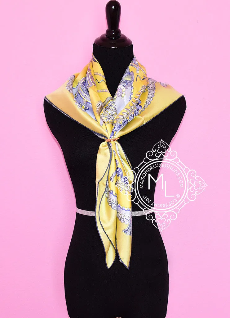 Hermes Jaune Vif Parme Ciel Twill Silk 90 cm Paperoles Scarf