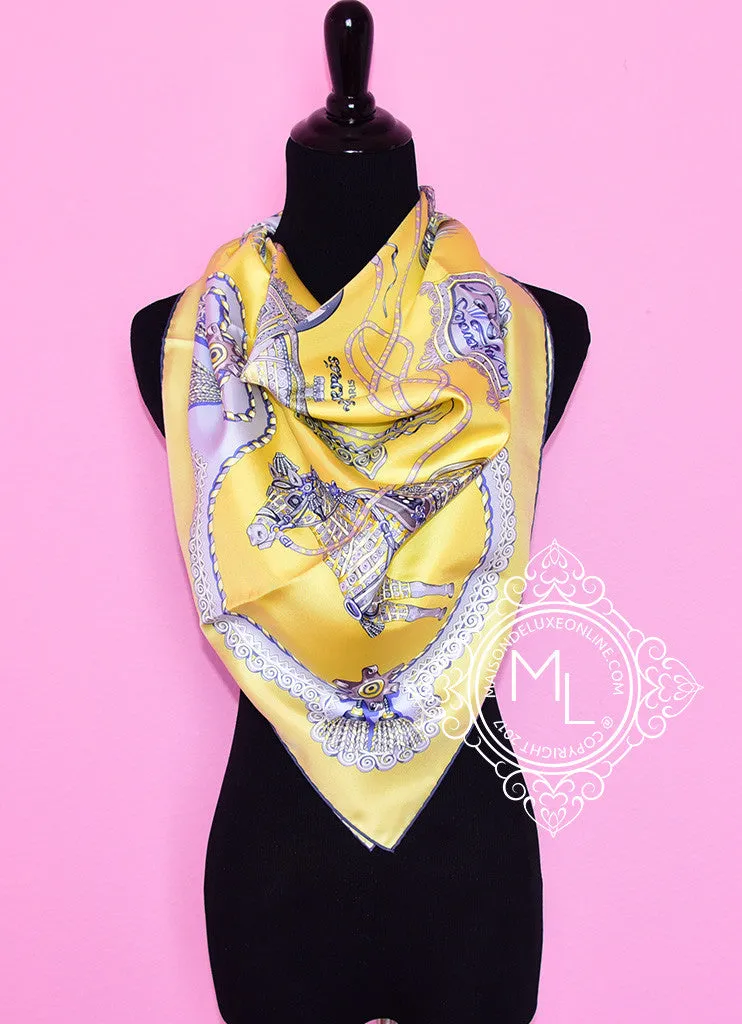 Hermes Jaune Vif Parme Ciel Twill Silk 90 cm Paperoles Scarf