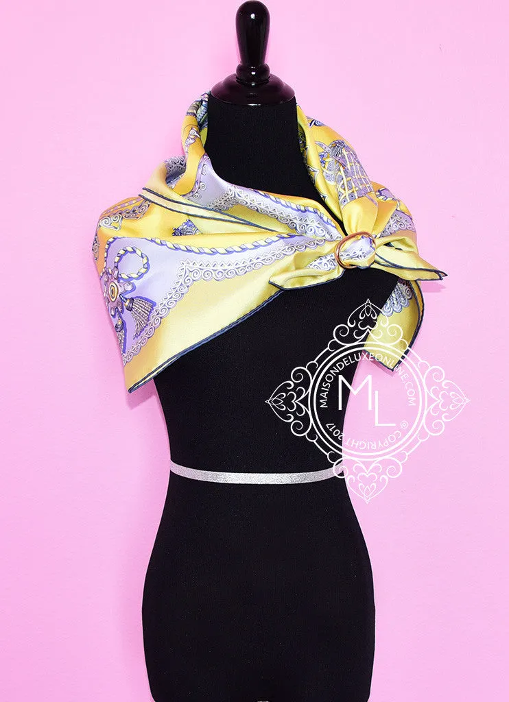 Hermes Jaune Vif Parme Ciel Twill Silk 90 cm Paperoles Scarf