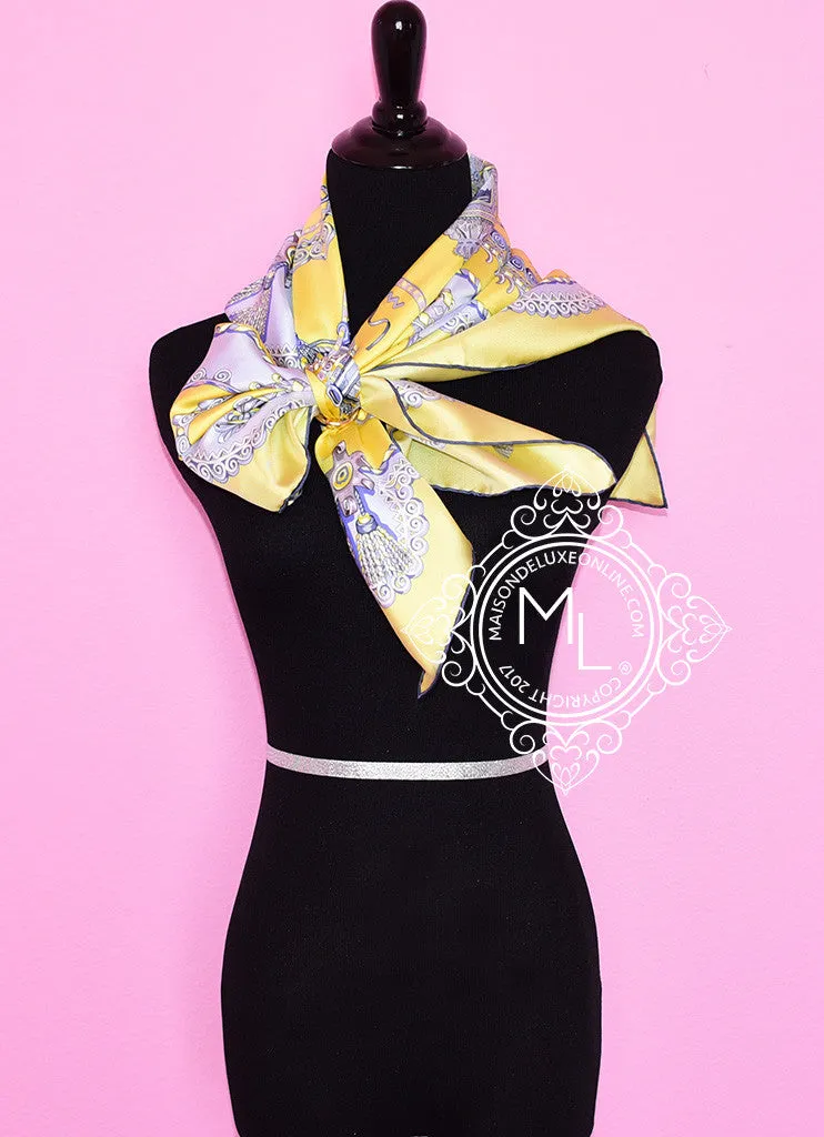 Hermes Jaune Vif Parme Ciel Twill Silk 90 cm Paperoles Scarf