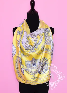 Hermes Jaune Vif Parme Ciel Twill Silk 90 cm Paperoles Scarf