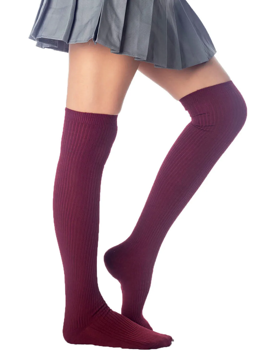 iB-iP Women's Plain Pattern Stylish Solid Color Hold-up Thigh High Long Socks