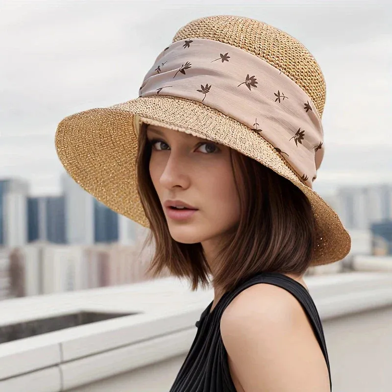 Leaf Print Wide Brim Straw Sun Hat for Outdoor Travel