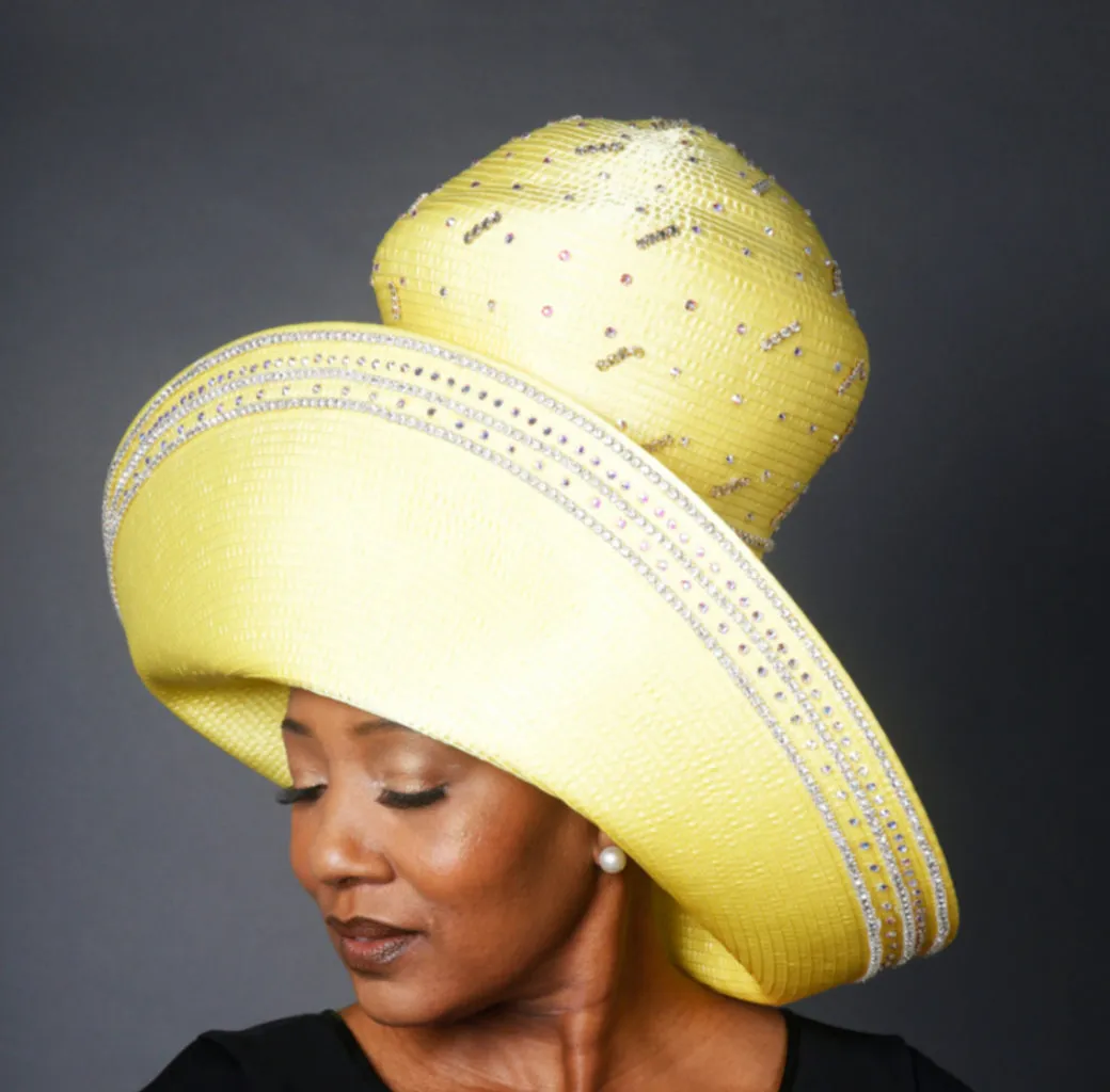 OE0017- Yellow glamour satin ladies dress hat with rhinestones