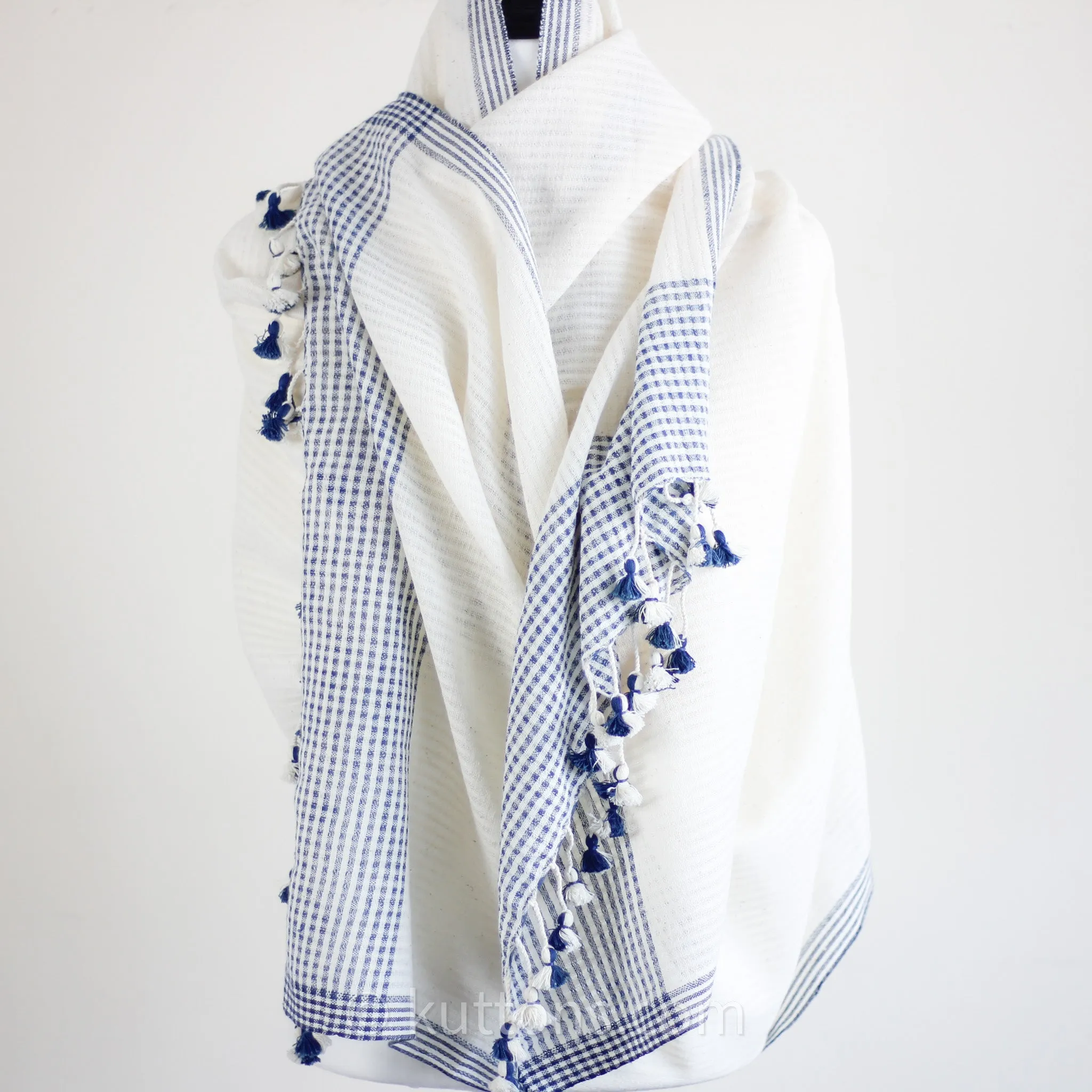 Organic Cotton Wrap, Dyed with Natural Dyes - Handspun & Handwoven by Women Weavers | White-Blue, 25x82"