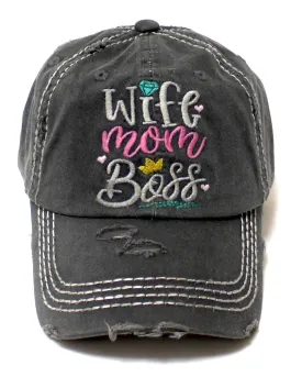 Women's Vintage Baseball Cap Wife, Mom, Boss Crown Diamond Hearts Monogram Embroidery Hat, Graphite Black